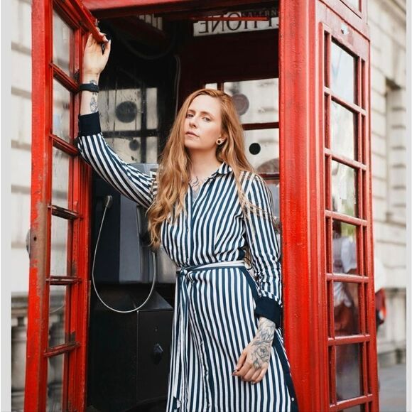 BLOGGER'S FAVE!  Zara PRINTED MIDI SHIRT DRESS stripes maxi dress navy blue - Picture 4 of 13